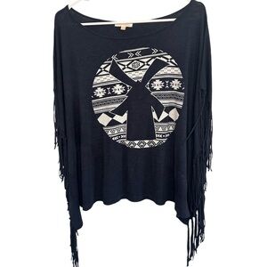 Dutch Bros SMALL Black Fringe Pullover Poncho White Windmill DB 1992 VINTAGE